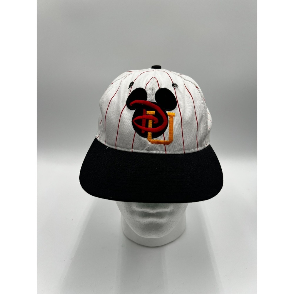 Vintage Disney University Mickey Mouse Pinstripe Snapback Hat White Red Made USA